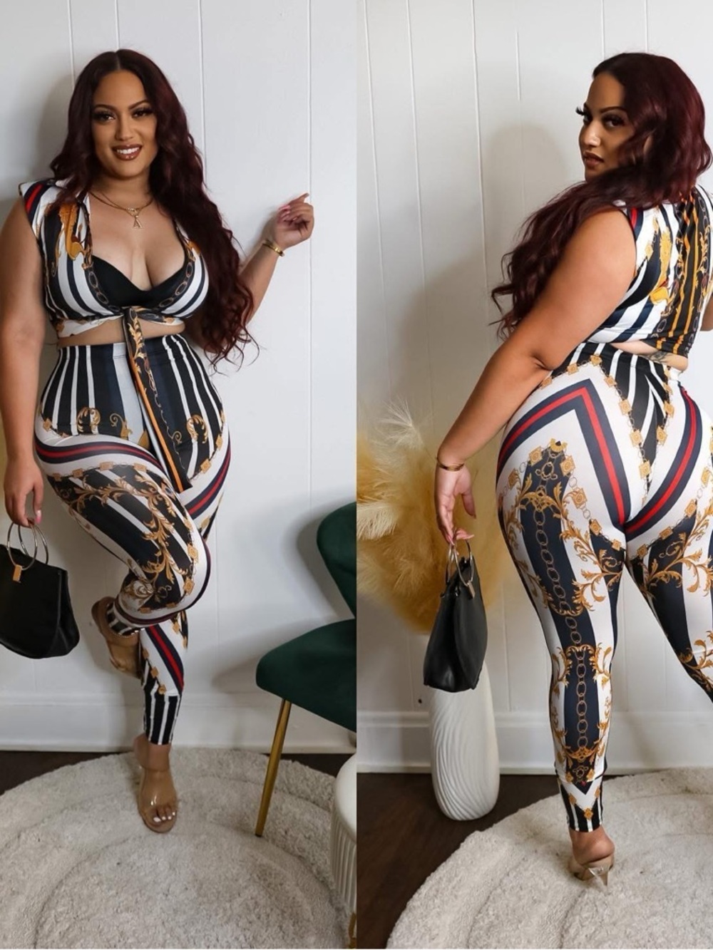 Chain-Print High-Waist Leggings & Tie-Front Crop Top Set - Black/White/Gold